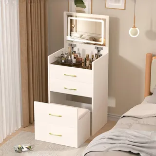 MODFU 3-in-1 Schminktisch mit Spiegel, Schminkkommode mit 3 Schubladen und Glasplatte, kompakter Frisiertisch Kosmetiktischmit Hocker,Weiß - Weiß