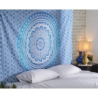 RAJRANG BRINGING RAJASTHAN TO YOU Große Postergröße Wanddekoration Ombre Mandala Türbehang Wandteppiche für Männer Frauen Elegante Boho Zimmer Schlafsaal Dekoration Blau 127 x 152 cm