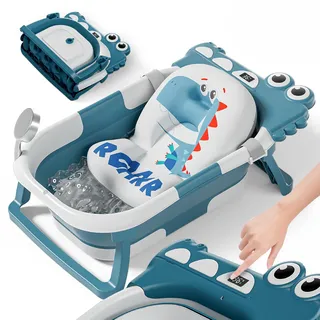 SUPERBE BEBE Faltbar Baby Badewanne Mit Rutschfestem Badekissen - Babywanne XXL Mit Baby Badewannensitz & Badethermometer - Von Der Geburt Bis 3 Jahre - Baby Bathtub - Geburtsgeschenke Für Mädchen & Jungen