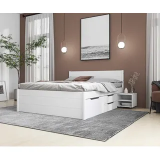 Inter Link - Bett mit Schubladen - Doppelbett 160x200 cm – Kojenbett mit Stauraum – Kiefer massivholz – 4 Schubladen und 2 Schubkasten – Inkl Lattenrost – Weiß lackiert – Efetivo 160x200cm