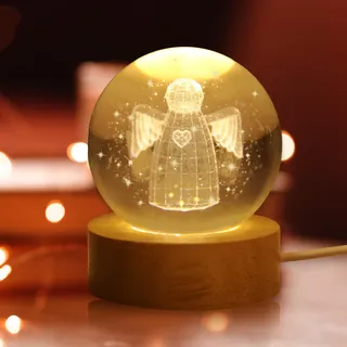 APODESS Schutzengel Geschenk LED Glücksbringer Engel Kristallkugel Nachtlicht Taufgeschenke Jungen Mädchen USB 3D Glücksengel Kismet Angel Schneekugel Engel für Kommunion Taufe Weihnachten Patenkind