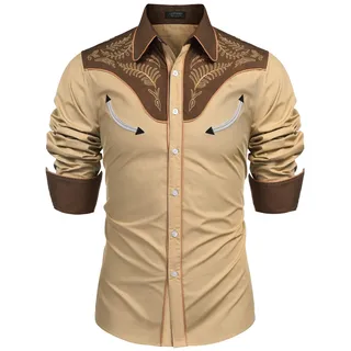 Coofandy Herren blumenweinlese-Stickerei-Western-Hemd Langarm Winter frühling x-Large 1-Khaki