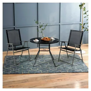Gartentisch Metall, 86 cm Beistelltisch für den Außenbereich mit Glasplatte und 3,5 cm Schirmloch, wetterfester Balkontisch, Terrassentisch, Esstisch, Bistrotisch, Kaffeetisch für Garten, Hof, Terrasse, Balkon, Pool