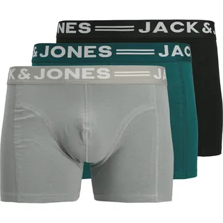 Boxer JACK & JONES "Sense Trunks", Herren, Gr. S, 3 Stk., mineral blau pack:blau mirage, schwarz, Jersey, Obermaterial: 95% Baumwolle, 5% Elasthan, bedruckt, unifarben mit Farbeinsatz, körpernah, Unterhosen Boxer, Baumwollmischung, elastisches Bündchen
