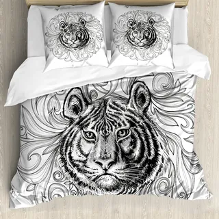 ABAKUHAUS Tiger Bettbezug, Monochrome Feline Blätter, Milbensicher Allergiker geeignet mit Kissenbezügen, 155 cm x 220 cm - 80 x 80 cm, Schwarz-Weiss - Schwarz