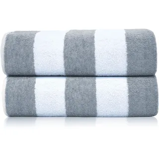 SweetNeedle Strandtücher für Erwachsene, 2 Stück, silber-weiß, Cabana-gestreift, klassisch, 100 % Baumwolle, Frottee, ringgesponnenes Poolhandtuch, schnell trocknend, super saugfähig, großes Handtuch,