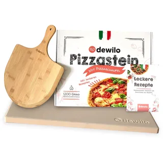 dewilo Pizzastein + Pizzaschaufel für Backofen und Grill: Pizza Stein eckig (rechteckig) aus Cordierit + Rezeptheft – die Steinplatte für eine knusprige Pizza wie aus dem Steinofen – Gasgrill geeignet