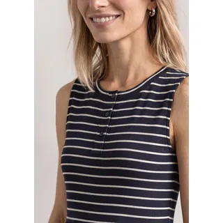 Midikleid STREET ONE, Damen, Gr. 46, N-Gr, blau (schwarzest blau), Web, Obermaterial: 62% Polyester, 33% Viskose, 5% Elasthan, gestreift, bequem 3/4-Länge, Rundhals, Kleider Midikleid, ommerkleid mit Streifen und im Strukturmix und Knopfdetail