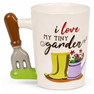 Tiny Garden Becher 300 ml Steingut Tasse mit 3D Gartengabel Henkel - Weiß