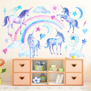 WandSticker4U®- Aquarell Wandtattoo EINHORN & REGENBOGEN Mädchen I Wandbilder: 105x90 cm I Wandsticker Kinderzimmer Einhörner Poster I Wand Aufkleber Deko Mädchen-zimmer klein Prinzessin