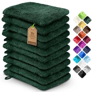 NatureMark 10x Waschhandschuhe aus Frottee 100% Baumwolle – Weich und Robust, Ideal für die tägliche Pflege und Gäste – Dunkel Grün, 15x21 cm