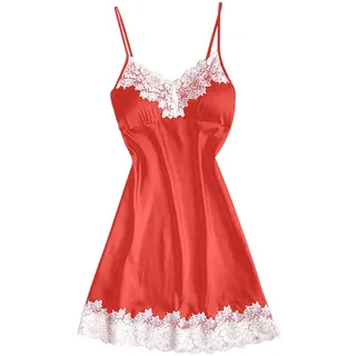 Damen Negligee Sexy Nachtwäsche Satin Nachthemd Damen Kurzes Nachtkleid V-Ausschnitt Babydoll Spitze Dessous Sexy Lingerie Spaghetti Träger Kleid Basic Unterkleid mit Gepolsterten