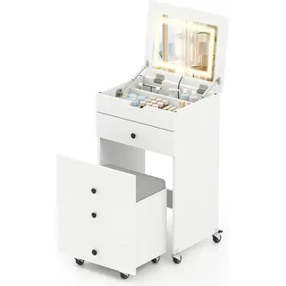 COSTWAY 3 in 1 kleines Schminktisch Set auf Rollen, Kosmetiktisch Schminkkommode mit Klappspiegel, Beleuchtung, Schubladen & gepolstertem Hocker - Weiß