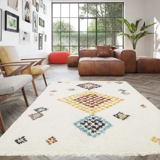 Berber Wohnzimmerteppich, Shaggy-Teppich im Ethno-Stil für das Wohnzimmer und Schlafzimmer, Weich und bequem, Pflegeleicht, 30 mm dick, Hochwertiges Polypropylen, 200x290 cm, Creme - Mehrfarbig