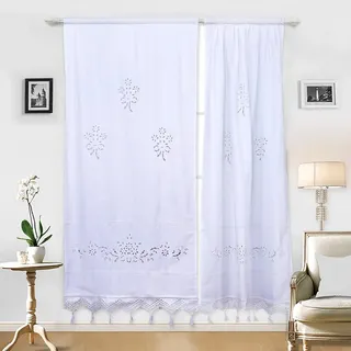 DOKOT Leinen Baumwolle Stickerei Küche Vorhang, Cafe Esszimmer Mit Crochet Tassel Border (Weiß 70cm Breite x 150cm Höhe, 1 Panel)