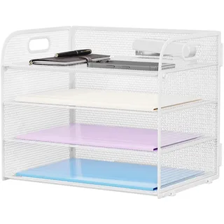 Marbrasse Schreibtisch Ablagen Organizer,4-Stufige Brief Papier Ablage mit Griff,Metall Gitter Design für Schreibtisch,Büro,Hause,Aufbewahrung für A4 Dateien und Dokumenten(Weiß)