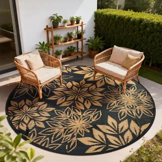 TUKDAK Outdoor Teppich Rund Schwarz 180 cm, Boho Wetterfest Wendbarer Outdoorteppich, Kunststoff Terrassenteppich, UV-beständige Teppich für Garten RV Camping Deck Balkon Patio Strand Picknick Schwarz