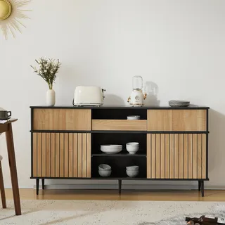 Flieks Kommode Wohnzimmerschrank mit 4 Schiebetür, Sideboard mit Schublade, Schubladenkommde Anrichte Schrank, 160x40x80cm, Naturbelassen - Naturbelassen