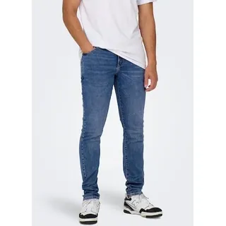 Skinny-fit-Jeans ONLY & SONS "LOOM LIFE JOG", Herren, Gr. 28, Länge 30, blau (medium blau denim), Denim/Jeans, Obermaterial: 98% Baumwolle, 2% Elasthan, Abriebeffekte, sehr schmal lang, Jeans Skinny-fit-Jeans