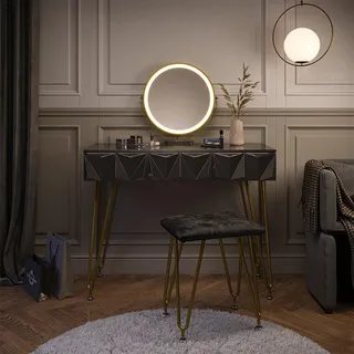 Vicco Schminktisch Ruby Schwarz 100 cm mit LED-Spiegel und Hocker