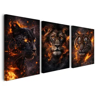 Alptiny Set von 3 Tier Wandbilder 30x40 cm, Feuer Tiger, Leopard und Löwe Leinwandbilder mit Rahmen für Wohnzimmer, Wanddekoration, Mit Aufhängehaken und Nägeln für einfache Montage