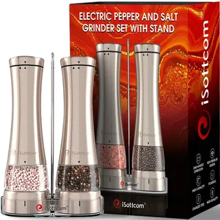 Salz und Pfeffermühle - 2 -tlg Gewürzmühlen Set elektrisch aus Edelstahl mit Keramik Mahlwerk für Himalaya Salz- Pfefferkörner - Gewürze - mit LED und GRATIS Standfuß