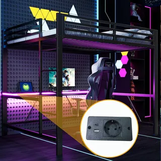 Merax Etagenbett 160x200 cm, Gaming-Metall-Hochbett mit LED-Beleuchtung, USB-Ladestation und Schreibtisch, Stockbett, Kinderbett, Jugendbett, Schwarz - Schwarz