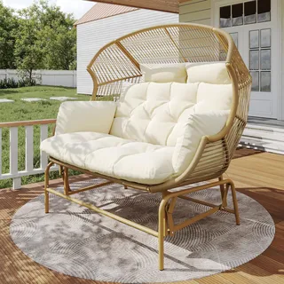Ball & Cast Schaukelstuhl Outdoor 2 Personen, Rattan Schaukelstuhl, Schwingsessel Gartenschaukel für Garten, Balkon & Terrasse, Beige