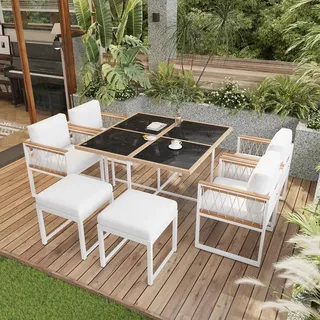 Flieks Rattan Gartenlounge-Set 6 Sitzer, Gartenmöbelset Balkonmöbelset 7-tlg., Terassenmöbel Gartenstuhl mit Hocker und Gartentisch, Weiß - Weiß