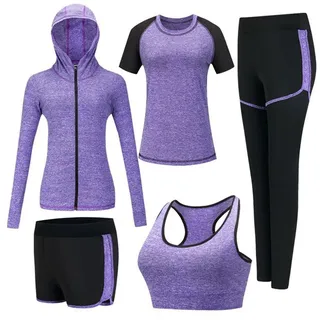 ZETIY Damen Traingsanzug Yoga Kleidung Anzug 5er-Set Sportanzüge Jogginganzug Gym Fitness Kleidung Laufbekleidung Sportswear Sport Yoga Outfit Damen BH Leggings Set - Violett - XL