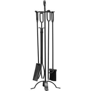 Kaminbesteck-Set, 5-teiliges Kaminbesteck-Set und Halter mit vierzinkigem Ständer, Zange, Ascheschaufel, Bürste, Kaminrechen, schmiedeeisernes Kaminzubehör für Lagerfeuer im Innen- und Außenbereich, schwarz - Schwarz