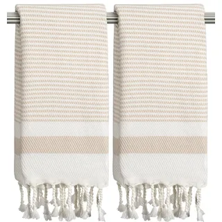 Ouxiaobai Handtücher für Badezimmer – 2 Stück türkische Handtücher Set, dünnes dekoratives Geschirrtuch, 50,8 x 101,6 cm, Küchentuch mit Quaste (Beige)