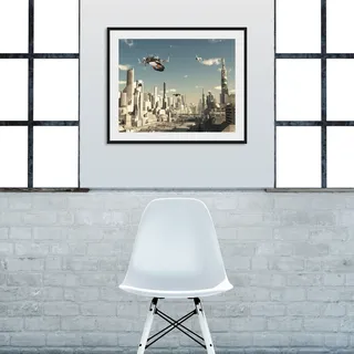 Queence »FUTURAMA« Film Flugzeuge Himmel Stadt Städte 1 Stk. tlg. HD Premium Poster-Druck inkl. Holzrahmen,