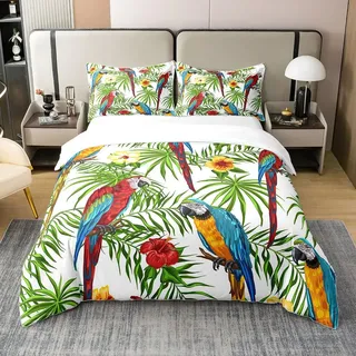 Homemissing Palmblatt-Bettwäsche, 100 % Baumwolle, Papagei, Jungen, tropisch, exotisch, Vögel, Bettbezug, Baumwolle, Hibiskus, Bettbezug, bunte Dekoration, 140 x 200 cm, Reißverschluss