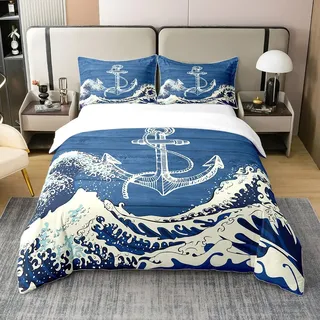 Japan Style Ozean 100% Baumwolle Bettbezug für Jungen Mädchen,Nautische Anker Seil Bettwäsche Set 135x200,Blaue Hölzerne Scheune Plank Tröster Abdeckung,Sommer Welle Bett Sets mit 1 Kissenbezug
