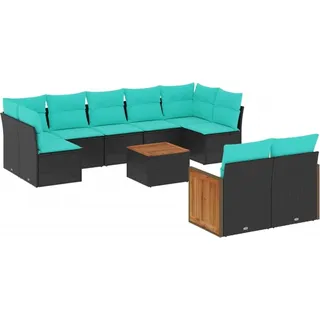 vidaXL 10-teiliges Gartensofa-Set mit Kissen, schwarzes Polyrattan - Schwarz