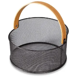 Husla 73946 Decorative Fruit Basket, Modern Black Metal and Wood,Fruit Bowl, Bread Basket