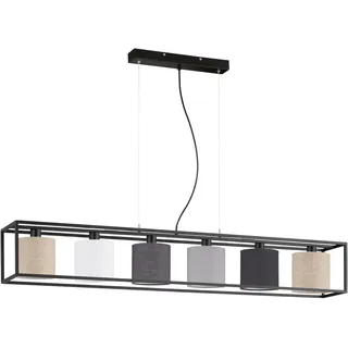 Fischer & Honsel Pendelleuchte, Isko | sandschwarz| Stoffschirme mehrfarbig, Leinen | L: 135 cm, B: 20 cm, A: 150 cm | Höheneinstellenbar | 6x E14 max. 25 W ohne Leuchtmittel | 61034