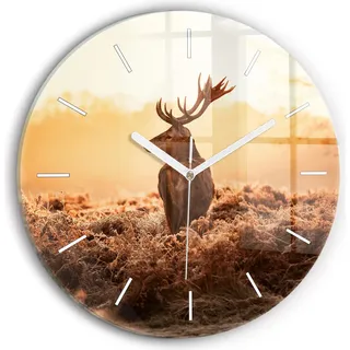 Wallfluent Wanduhr – Stilles Quarzuhrwerk - Uhr Dekoration Wohnzimmer Schlafzimmer Küche - Zifferblatt mit Striche - weiße Zeiger - 30 cm - Hirsche bei Sonnenaufgang - Braun