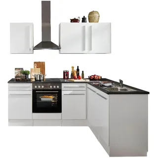 Stella Trading Jazz 8 Moderne Eckküche mit Elektrogeräten in Weiß Hochglanz, Metallic Grau - Geräumige Küchenzeile in L-Form mit viel Stauraum - 220 x 211 x 60 cm (B/H/T)