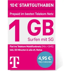 Telekom MagentaMobil Prepaid S SIM-Karte ohne Vertragsbindung, 5G inkl. I 1 GB & Flat ins Telekom Mobilfunknetz, 50 Freiminuten in alle anderen dt. Netze I Surfen mit 5G/ LTE Max, 10 EUR Startguthaben
