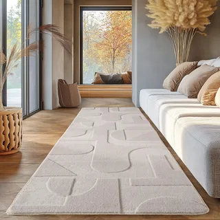 SIMPEX Boho Teppich Läufer 80 x 150 cm Creme, Waschbar & Pflegeleicht, Weicher Skandinavischer Deko Teppich mit 3D-Effekt, Ideal für Flur, Küche oder Schlafzimmer