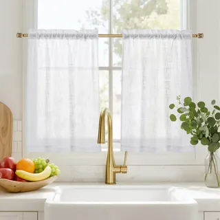 PONY DANCE Scheibengardinen Küche Gardinen Kurz Fenster Vorhang Weiss Halbtransparent B 60 x H 60 cm Bistrogardine 2er Set Leinenoptik Küchengardinen mit Stangedurchzug