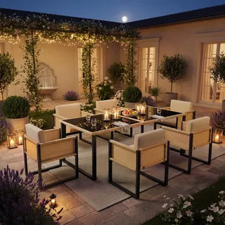 Flieks Gartenlounge-Set Gartenmöbelset 6 Personen, Rattan Terassenmöbel Balkonmöbel 7-tlg., Gartentisch mit Glasplatte, Gartengarnitur Naturbelassen - Naturbelassen