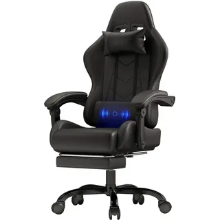 JUMMICO Gaming Stuhl Massage, Bürostuhl Ergonomisch Mit Massage-Lendenkissen, Gamer Stuhl verstellbare Rückenlehne 90-135°,und fußstütze, Gamingstuhl 150 kg belastbarkeit, Schwarz