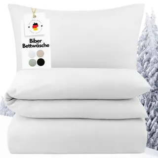 Carpe Sonno Biber Bettwäsche 155x220 cm Winter – Weiß Baumwolle | Flauschige Winterbettwäsche aus 100 % Baumwoll-Flanell | Deckenbezug mit Reißverschluss + Kissenbezug 80x80 | wärmend