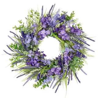 Arborus Lavendelkranz Künstlich wie Echt 45 cm Türkranz Kunstblumen Lavendel Sommer Deko Blumenkranz Violett Eukalyptus Dekokranz für Tür Wand Tisch Deko im Wohnzimmer Schlafzimmer Badezimmer Küche