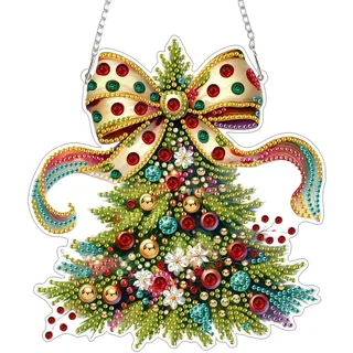 GHHKUD Weihnachtsbaum Diamond Painting Fensterbilder Beidseitige, Diamond Painting Anhänger mit Kette, Diamant Malerei Bilder Kristall Fensterbilder, Wandbehang Kit für Eingang und Fenster Wand Decor