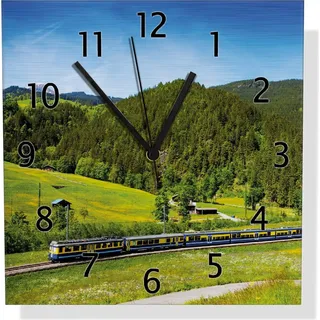 Wallario Design Wanduhr Eisenbahn in einer Sommerlandschaft in der Schweiz aus Aluverbund, Größe 30 x 30 cm - Gelb