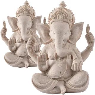 MINGZE 2 Stück Elefant Statue, Lord Ganesha Buddha Hindu-Elefant Gott Statuen Harz Sandstein Skulptur Indische Ganesh Buddha Figur Handarbeit Geschenk Dekoration Ornamente für Haus Garten Auto